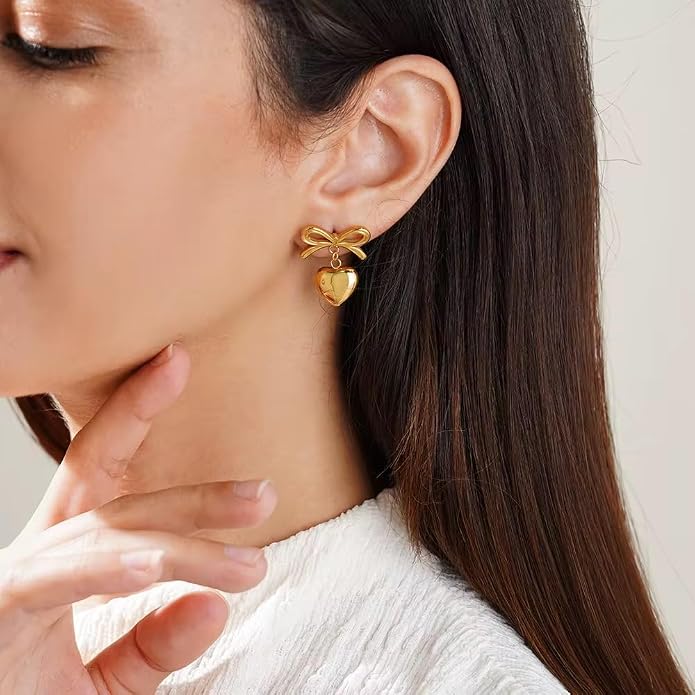 Gold Bow Heart Earrings