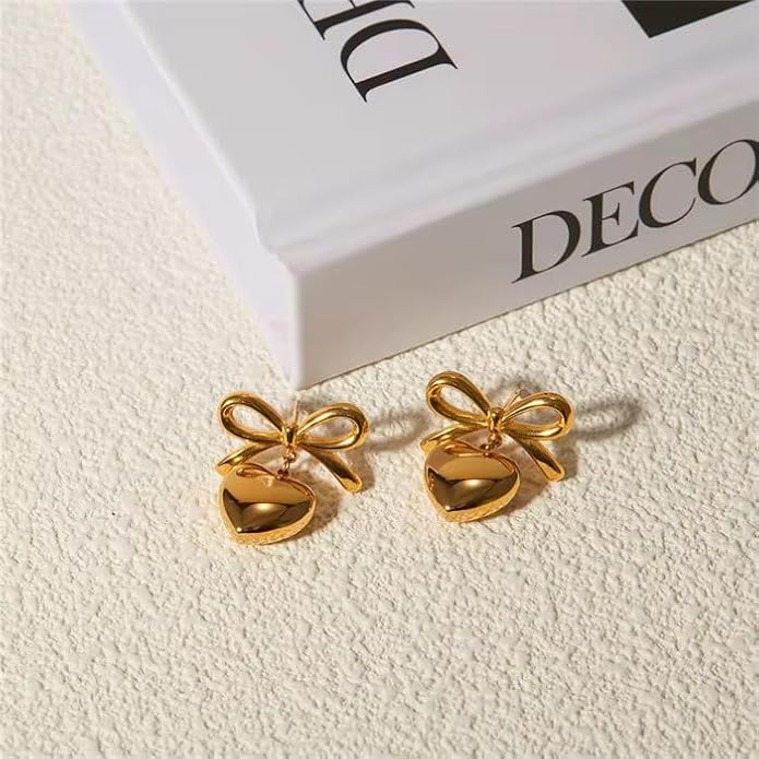 Gold Bow Heart Earrings