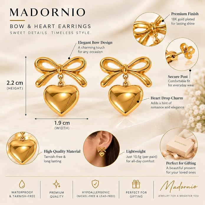 Gold Bow Heart Earrings
